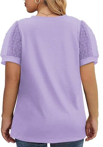 VISLILY Women's Plus-Size-Summer-Tops V Neck T Shirts Swiss Dotted Puffy Sheer Short Sleeve Blouses Tunics in Kuwait