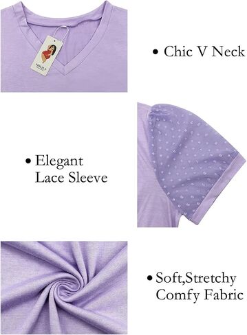 VISLILY Women's Plus-Size-Summer-Tops V Neck T Shirts Swiss Dotted Puffy Sheer Short Sleeve Blouses Tunics in Kuwait