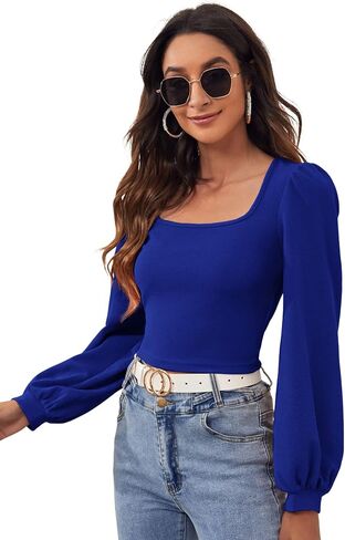 Floerns Women's Casual Bishop Long Sleeve Square Neck Crop Tops Tee Shirt in Saudi Arabia