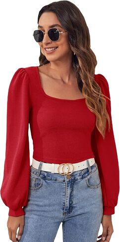 Floerns Women's Casual Bishop Long Sleeve Square Neck Crop Tops Tee Shirt in Saudi Arabia