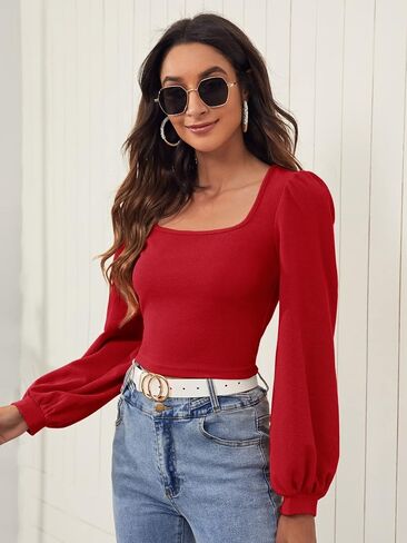Floerns Women's Casual Bishop Long Sleeve Square Neck Crop Tops Tee Shirt in Saudi Arabia