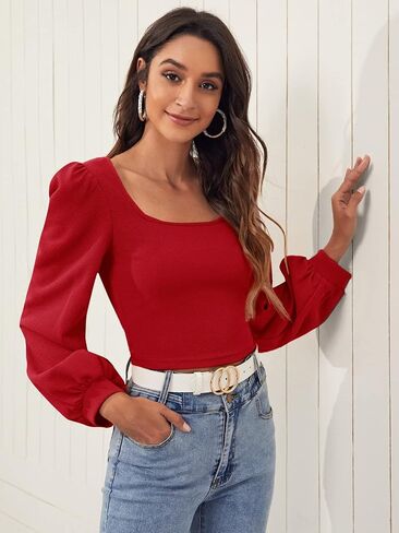 Floerns Women's Casual Bishop Long Sleeve Square Neck Crop Tops Tee Shirt in Saudi Arabia