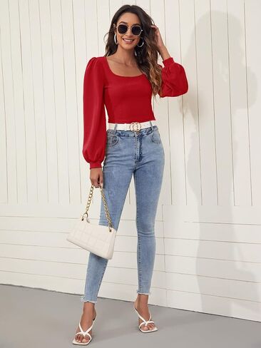 Floerns Women's Casual Bishop Long Sleeve Square Neck Crop Tops Tee Shirt in Saudi Arabia