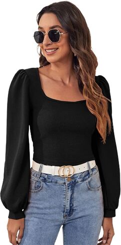 Floerns Women's Casual Bishop Long Sleeve Square Neck Crop Tops Tee Shirt in Saudi Arabia