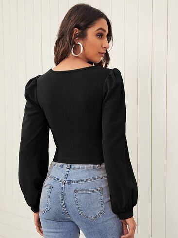 Floerns Women's Casual Bishop Long Sleeve Square Neck Crop Tops Tee Shirt in Saudi Arabia