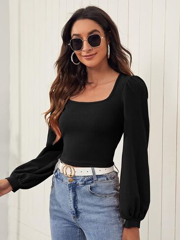Floerns Women's Casual Bishop Long Sleeve Square Neck Crop Tops Tee Shirt in Saudi Arabia