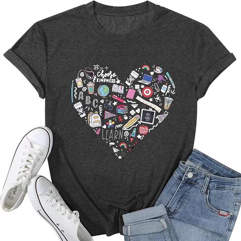 Teacher Shirt Women Teaching T-Shirt Funny Heart Graphic Tee Top Cute Kindergarten Teachers Gift T-Shirt in Kuwait