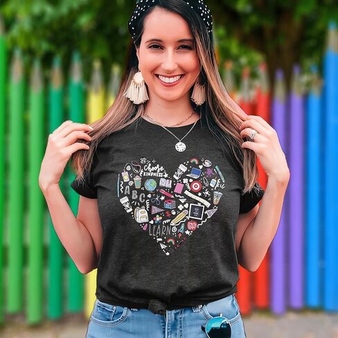 Teacher Shirt Women Teaching T-Shirt Funny Heart Graphic Tee Top Cute Kindergarten Teachers Gift T-Shirt in Kuwait