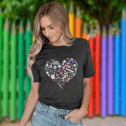 Teacher Shirt Women Teaching T-Shirt Funny Heart Graphic Tee Top Cute Kindergarten Teachers Gift T-Shirt in Kuwait