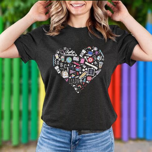 Teacher Shirt Women Teaching T-Shirt Funny Heart Graphic Tee Top Cute Kindergarten Teachers Gift T-Shirt in Kuwait