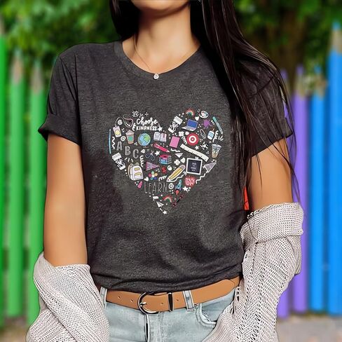 Teacher Shirt Women Teaching T-Shirt Funny Heart Graphic Tee Top Cute Kindergarten Teachers Gift T-Shirt in Kuwait