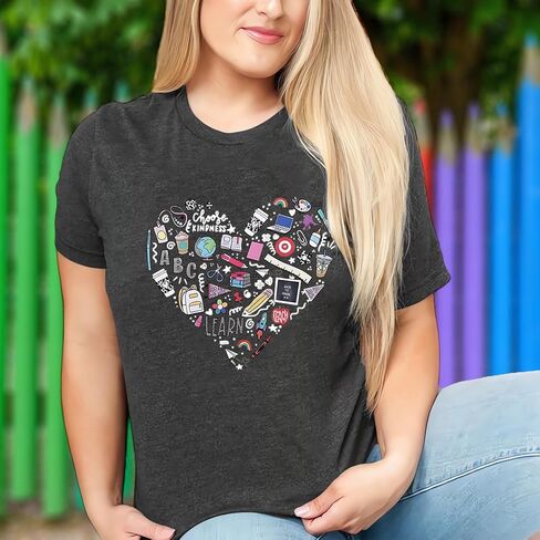 Teacher Shirt Women Teaching T-Shirt Funny Heart Graphic Tee Top Cute Kindergarten Teachers Gift T-Shirt in Kuwait