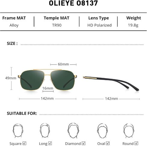 نظارات شمسية مستقطبة عالية الدقة للرجال من OLIEYE - نظارات شمسية مربعة كلاسيكية للرجال in Kuwait