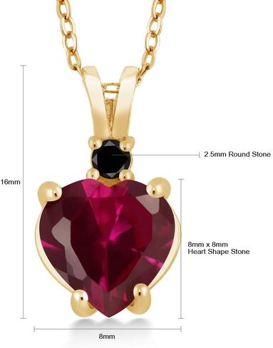 Gem Stone King 14K Yellow Gold Red Created Ruby and Black Diamond Pendant Necklace For Women (2.25 Cttw, Heart Shape 8MM, with 18 Inch Chain) in Saudi Arabia