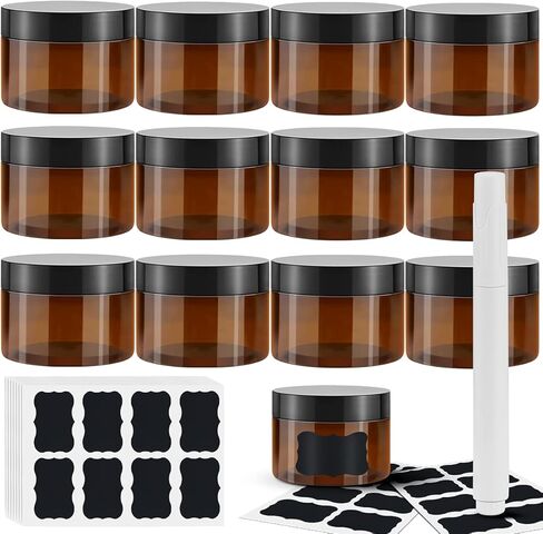 12 Pack 4oz Amber Plastic Jars with Lids and Labels, Refillable Empty Round Containers Storage Jars for Cosmetic, Lotions, Kitchen, Arts, Crafts Supplies in Kuwait
