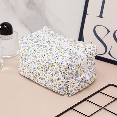 Floral Makeup Bag Cosmetic Bag Makeup Brushes Storage Coquette Travel Pouch Stylish Quilted Organizer (Blue Floral) in Saudi Arabia