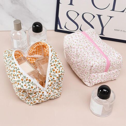 Floral Makeup Bag Cosmetic Bag Makeup Brushes Storage Coquette Travel Pouch Stylish Quilted Organizer (Blue Floral) in Saudi Arabia