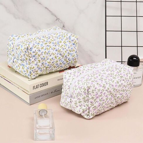 Floral Makeup Bag Cosmetic Bag Makeup Brushes Storage Coquette Travel Pouch Stylish Quilted Organizer (Blue Floral) in Saudi Arabia