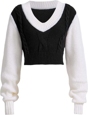 COZYEASE Women's Color Block Cable Knit Crop Sweater V Neck Long Sleeve Knit Pullover Tops Knitwear in Saudi Arabia