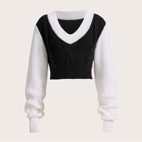 COZYEASE Women's Color Block Cable Knit Crop Sweater V Neck Long Sleeve Knit Pullover Tops Knitwear in Saudi Arabia