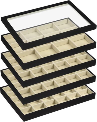 uxcell Jewelry Tray, 4Pcs - Stackable Jewelry Display Tray with Lid, Velvet Jewelry Organizer, Storage Box for Ring Earring Necklace Bracelet (Black) in Saudi Arabia