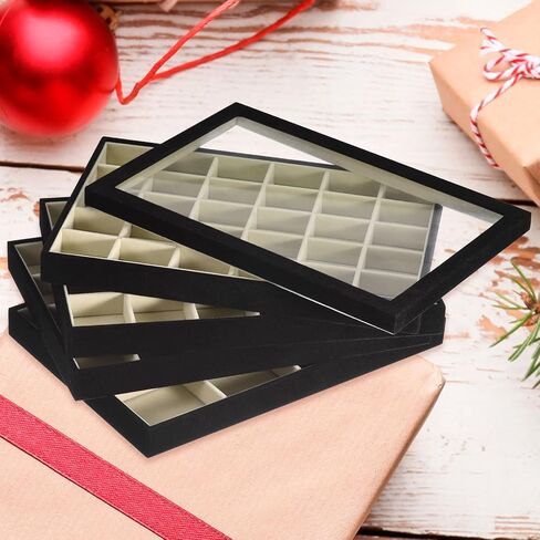 uxcell Jewelry Tray, 4Pcs - Stackable Jewelry Display Tray with Lid, Velvet Jewelry Organizer, Storage Box for Ring Earring Necklace Bracelet (Black) in Saudi Arabia