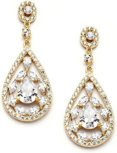 أقراط متدلية ذهبية من Mariell للعرائس، حفلات الزفاف أو الحفلات الموسيقية - ثريات تشيكوسلوفاكيا على شكل كمثرى, مكعب زركونيا in Kuwait