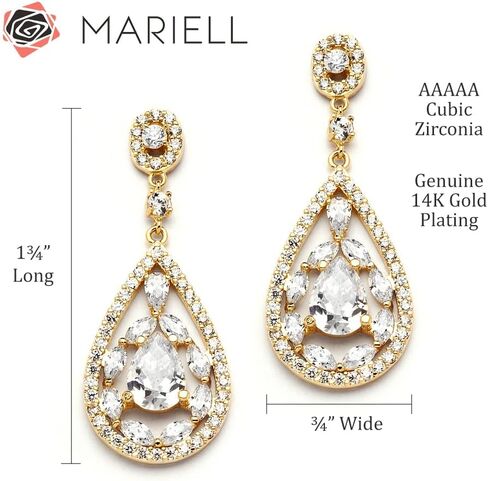 أقراط متدلية ذهبية من Mariell للعرائس، حفلات الزفاف أو الحفلات الموسيقية - ثريات تشيكوسلوفاكيا على شكل كمثرى, مكعب زركونيا in Kuwait