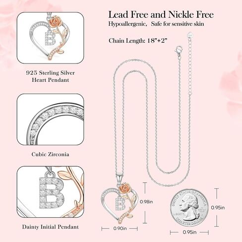 PAITAIN 925 Sterling Silver Rose Love Heart Initial Letter Pendant Necklace for Women Jewelry Mothers Day Anniversary Valentines Christmas Birthday Gifts for Her Mom Wife Girlfriend in Saudi Arabia