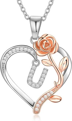 PAITAIN 925 Sterling Silver Rose Love Heart Initial Letter Pendant Necklace for Women Jewelry Mothers Day Anniversary Valentines Christmas Birthday Gifts for Her Mom Wife Girlfriend in Saudi Arabia