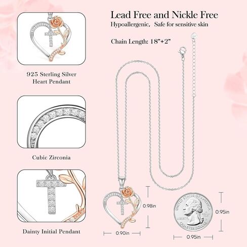 PAITAIN 925 Sterling Silver Rose Love Heart Initial Letter Pendant Necklace for Women Jewelry Mothers Day Anniversary Valentines Christmas Birthday Gifts for Her Mom Wife Girlfriend in Kuwait