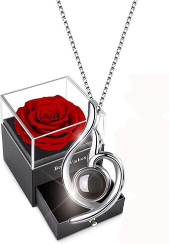 Pink Rose Gift Box with 925 Sterling Silver Women Necklace Inside,Forever real rose Jewelry box with I Love You Necklace 100 Languages,Preserved flower for mothers day gifts, Enchanted Rose for Her. in Saudi Arabia