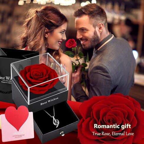 Pink Rose Gift Box with 925 Sterling Silver Women Necklace Inside,Forever real rose Jewelry box with I Love You Necklace 100 Languages,Preserved flower for mothers day gifts, Enchanted Rose for Her. in Saudi Arabia