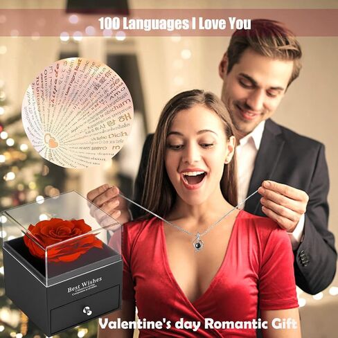 Pink Rose Gift Box with 925 Sterling Silver Women Necklace Inside,Forever real rose Jewelry box with I Love You Necklace 100 Languages,Preserved flower for mothers day gifts, Enchanted Rose for Her. in Saudi Arabia