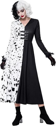 زي GIKING Cruella Devil التنكري للنساء للهالوين نصف كم طويل أبيض وأسود للحفلات التنكرية in Saudi Arabia