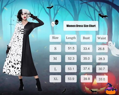 زي GIKING Cruella Devil التنكري للنساء للهالوين نصف كم طويل أبيض وأسود للحفلات التنكرية in Saudi Arabia