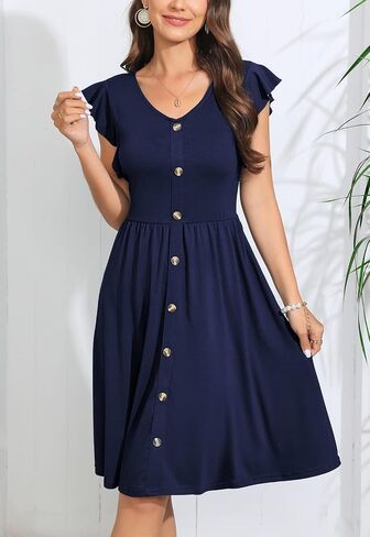 Lamilus Women's 2026 Summer Casual Swing Knee-Length Dress: V-Neck Ruffle Sleeves, Front Button Down with Side Pockets in Kuwait