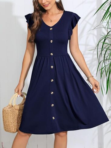 Lamilus Women's 2026 Summer Casual Swing Knee-Length Dress: V-Neck Ruffle Sleeves, Front Button Down with Side Pockets in Kuwait
