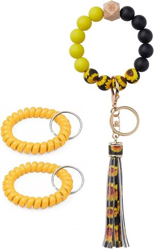 Key Ring with Leather Tassel Bracelet Car Keychain Wristlet Silicone Women Beaded Bangle Chains keychain lanyard for women keychains for women bulk keychain accessories in Saudi Arabia