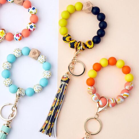 Key Ring with Leather Tassel Bracelet Car Keychain Wristlet Silicone Women Beaded Bangle Chains keychain lanyard for women keychains for women bulk keychain accessories in Saudi Arabia