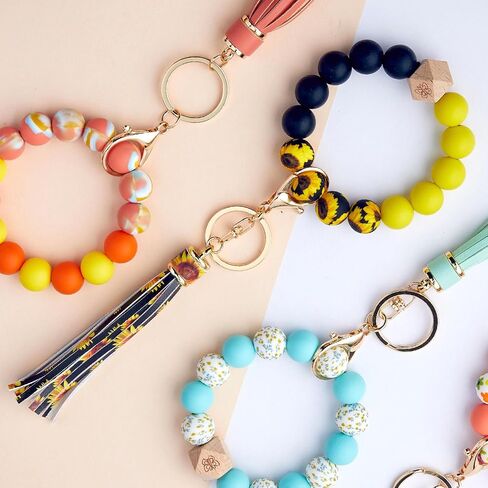 Key Ring with Leather Tassel Bracelet Car Keychain Wristlet Silicone Women Beaded Bangle Chains keychain lanyard for women keychains for women bulk keychain accessories in Saudi Arabia