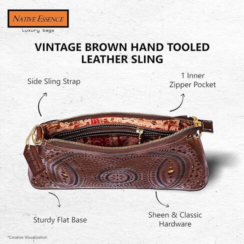 NATIVE ESSENCE Genuine Leather Vintage Brown Handtooled Leather Sling Bag for Women in Kuwait