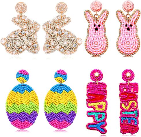 4 Pairs Easter Earrings for Women, Beaded Rabbit Bunny Earrings Colorful Easter Egg Earrings, Spring Holiday Earrings Handmade Easter Accessory Jewelry Gifts in Kuwait