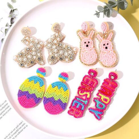 4 Pairs Easter Earrings for Women, Beaded Rabbit Bunny Earrings Colorful Easter Egg Earrings, Spring Holiday Earrings Handmade Easter Accessory Jewelry Gifts in Kuwait
