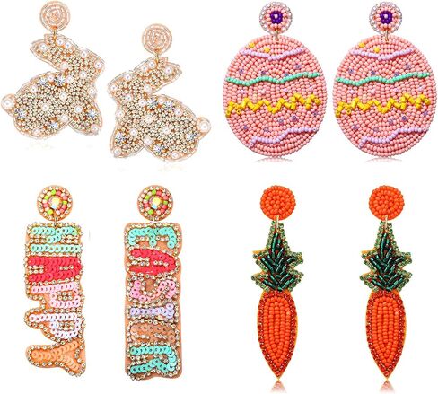 4 Pairs Easter Earrings for Women, Beaded Rabbit Bunny Earrings Colorful Easter Egg Earrings, Spring Holiday Earrings Handmade Easter Accessory Jewelry Gifts in Saudi Arabia