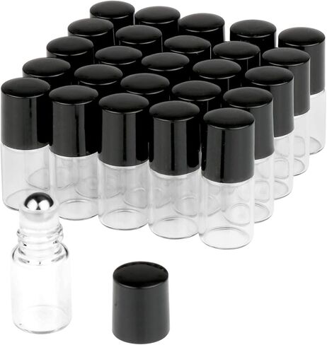 25 Pcs Clear Glass Mini Roll On Bottles Empty Essential Oil Roller Ball Bottles Perfume Lip Blam Cosmetic Sample Vials Roller Glass Bottles Container With Black Cap (1ml) in Saudi Arabia
