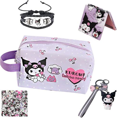 ARIJORJA Kuromi Travel Cosmetic Bag, Large Capacity Zippered PU Bag,Organizer Storagewith Mirror+Bracelets+Keychain+Stickers for Girl Women Valentine's Day Gifts (C) in Kuwait