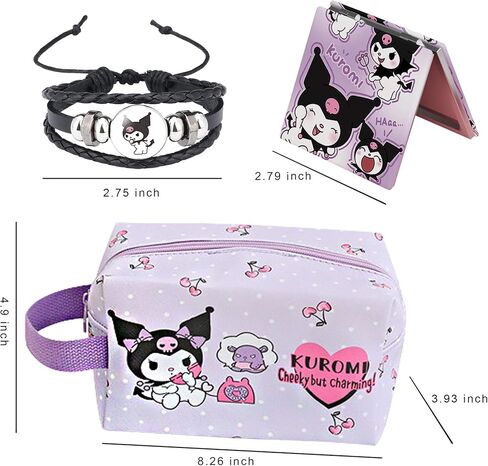 ARIJORJA Kuromi Travel Cosmetic Bag, Large Capacity Zippered PU Bag,Organizer Storagewith Mirror+Bracelets+Keychain+Stickers for Girl Women Valentine's Day Gifts (C) in Kuwait