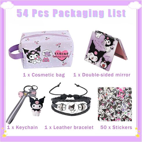 ARIJORJA Kuromi Travel Cosmetic Bag, Large Capacity Zippered PU Bag,Organizer Storagewith Mirror+Bracelets+Keychain+Stickers for Girl Women Valentine's Day Gifts (C) in Kuwait