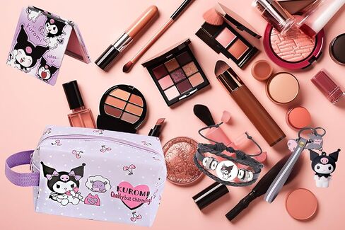 ARIJORJA Kuromi Travel Cosmetic Bag, Large Capacity Zippered PU Bag,Organizer Storagewith Mirror+Bracelets+Keychain+Stickers for Girl Women Valentine's Day Gifts (C) in Kuwait